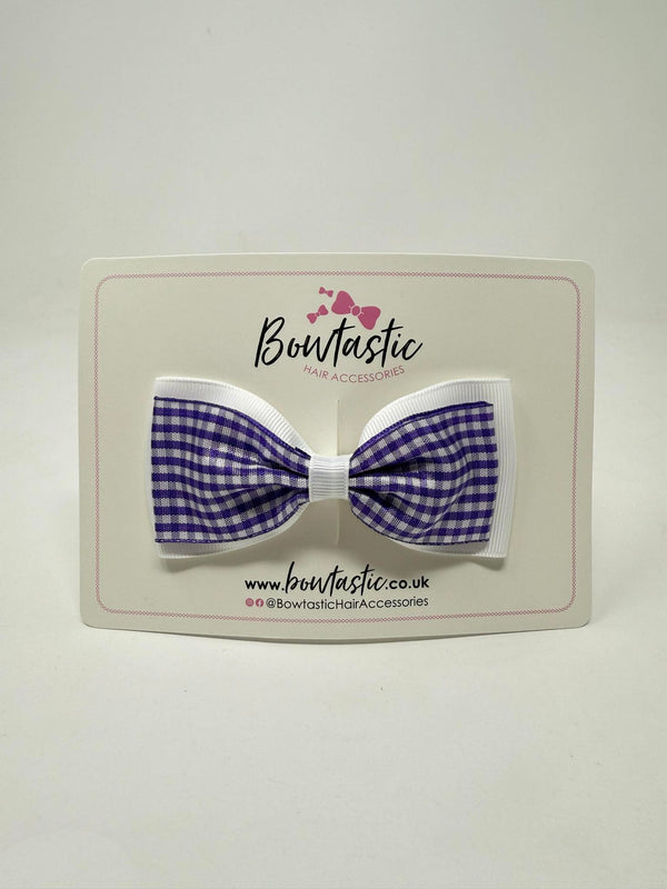 4 Inch Double Tuxedo Bow - Purple & White Gingham