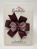 3 Inch 2 Layer Pinwheel Bow Thin Elastic - Burgundy & Burgundy Gingham