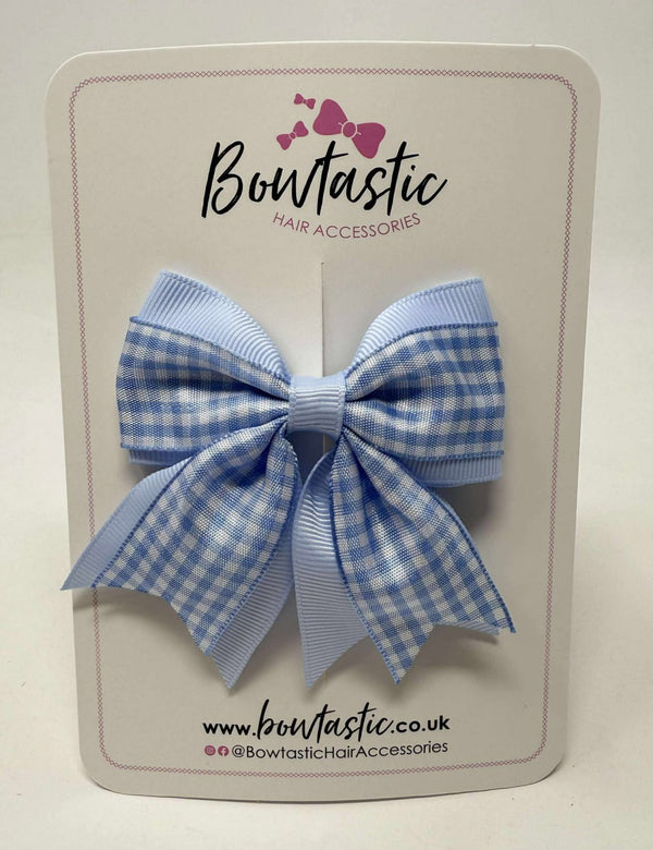3 Inch Flat 2 Layer Tail Bow - Bluebell & Light Blue Gingham
