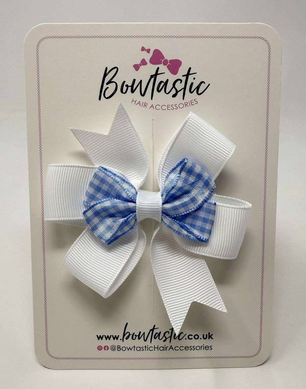 3 Inch 2 Layer Pinwheel Bow Thin Elastic - Light Blue & White Gingham