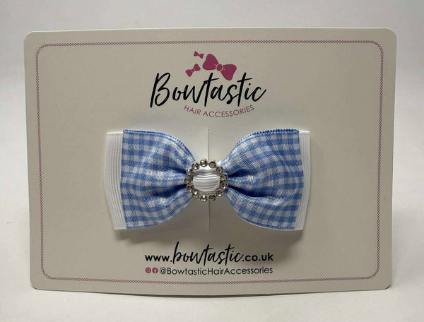 3 Inch Gem Bow - Light Blue & White Gingham