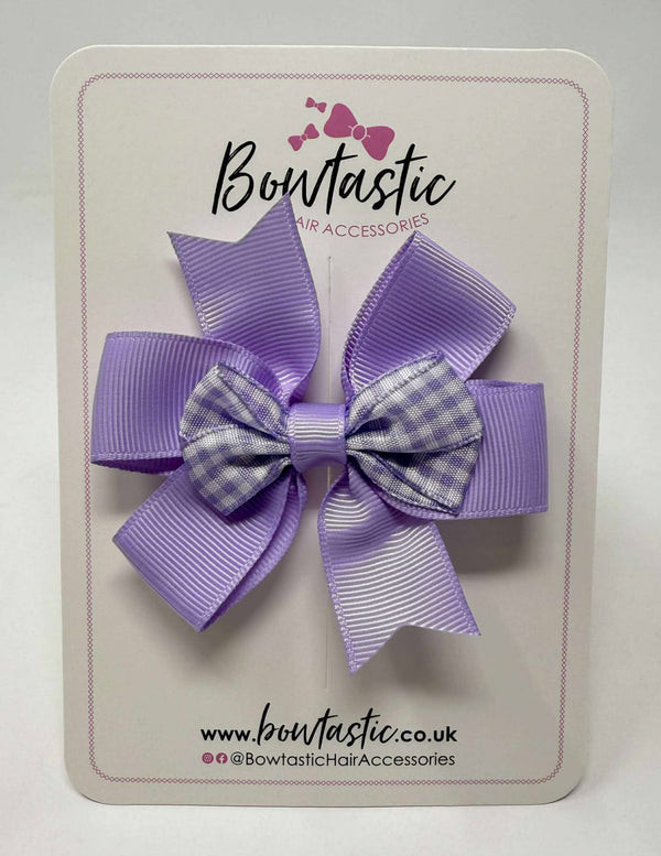 3 Inch 2 Layer Pinwheel Bow Thin Elastic - Lilac & Lilac Gingham