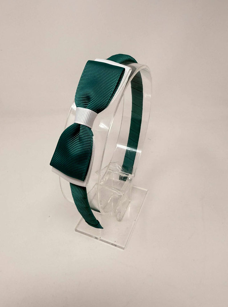 3 Inch Flat Bow Alice Band - Jade Green & White