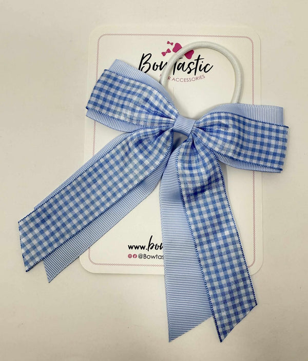 4.5 Inch Tail Bow Bobble - Bluebell & Light Blue Gingham