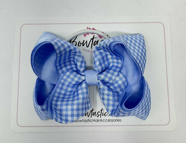 4 Inch Double Ribbon Bobble - Bluebell & Light Blue Gingham
