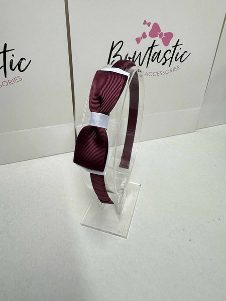 3 Inch Flat Bow Alice Band - Burgundy & White