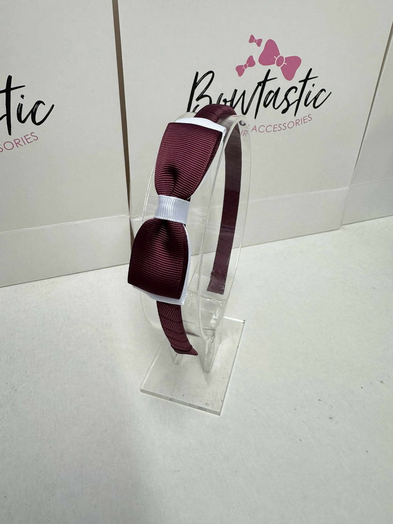 3 Inch Flat Bow Alice Band - Burgundy & White