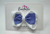 3.5 Inch Tuxedo Double Bow - Thin Elastic - Royal Blue & White Gingham