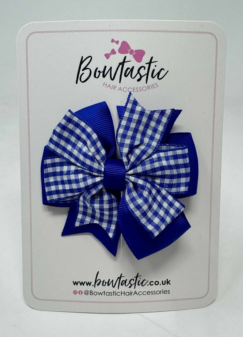 3 Inch Pinwheel Bow Thin Elastic - Cobalt & Royal Blue Gingham