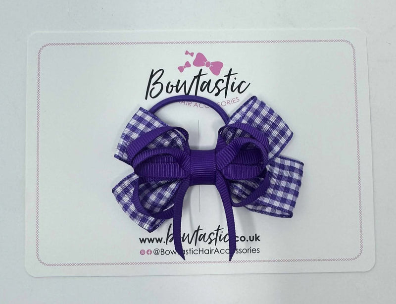 3 Inch Flat Bow Thin Elastic - Purple & Purple Gingham