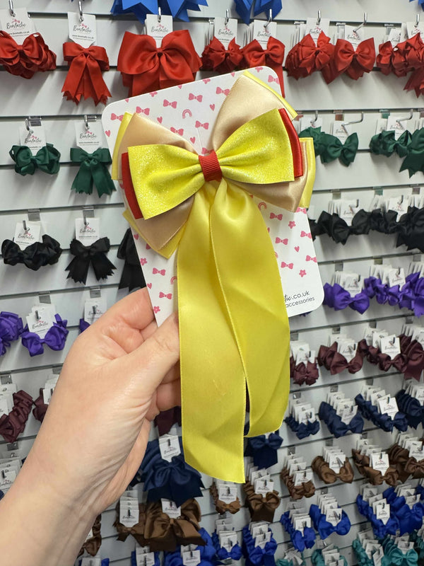 4.5 Inch Satin Tail Bow - Red, Gold & Yellow Glitter