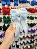 4.5 Inch Satin Tail Bow - Blue Snowflake Tulle