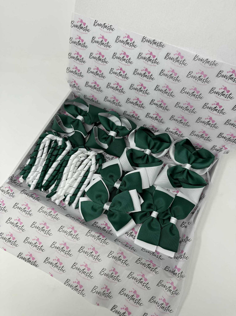 School Bundle - 5 Matching Pairs - Clips & Bobbles - Hunter Green & White