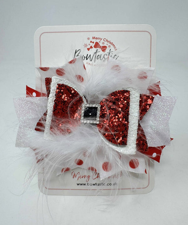 5 Inch Fluffy Glitter Bow - Red & White