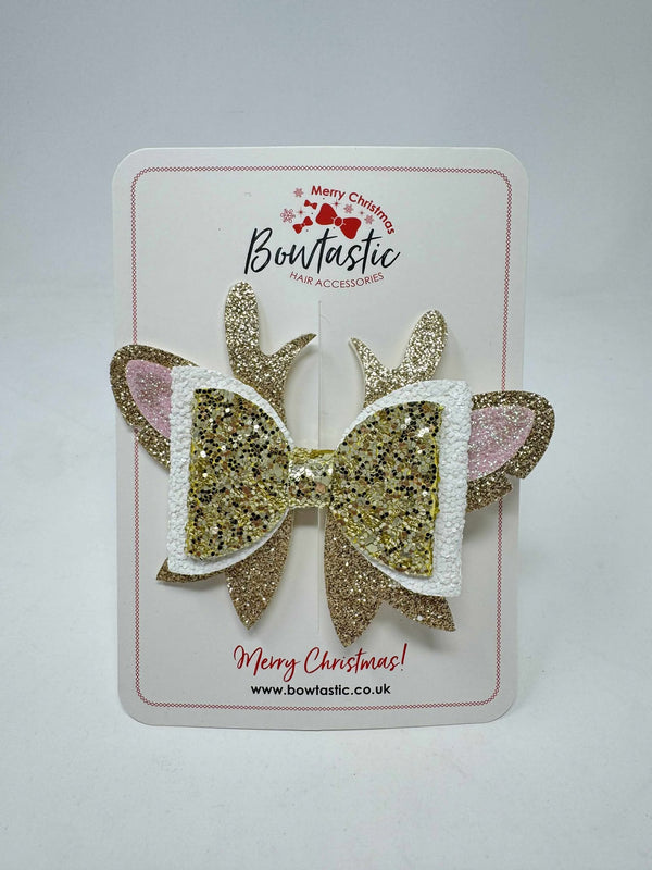 4.25 Inch Glitter Bow - Pink & Gold Antlers