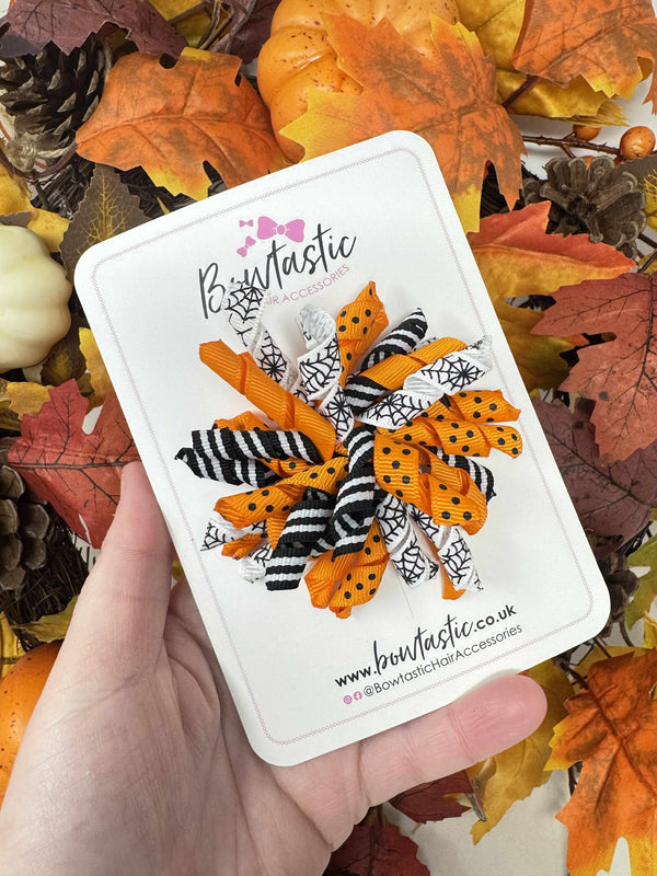 3.5 Inch Corker Bow - Orange, Black & White Spider's Web