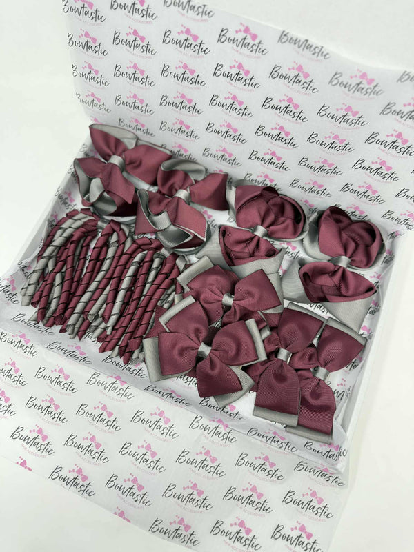 School Bundle - 5 Matching Pairs - Clips & Bobbles - Burgundy & Metal Grey