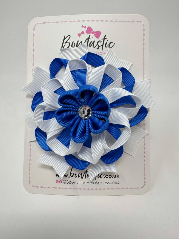 4 Inch Flower Bow - Royal Blue & White