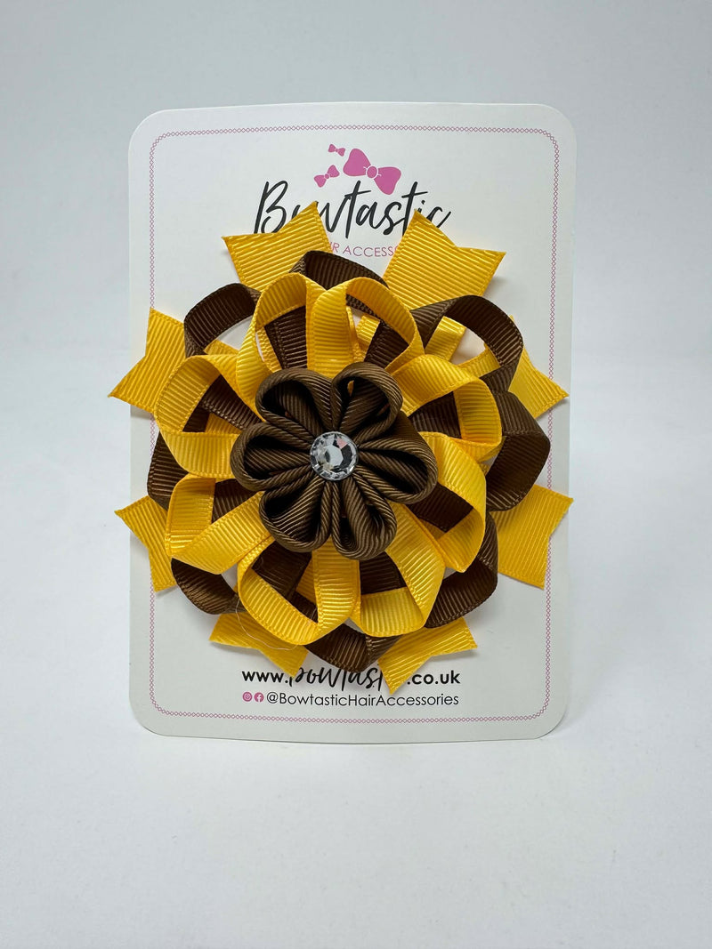4 Inch Flower Bow - Forest Green & Yellow Gold