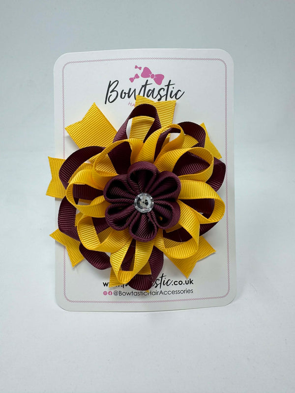4 Inch Flower Bow - Burgundy & Yellow Gold