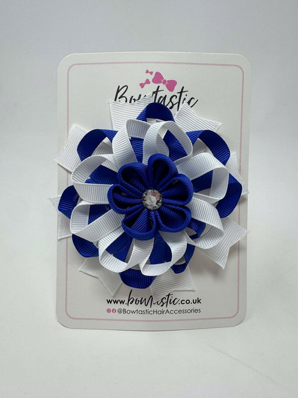 4 Inch Flower Bow - Cobalt & White
