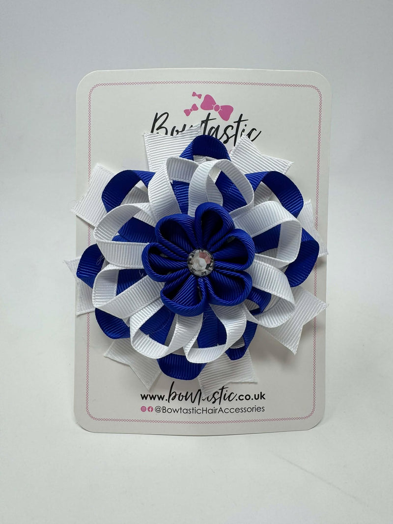 4 Inch Flower Bow - Cobalt & White