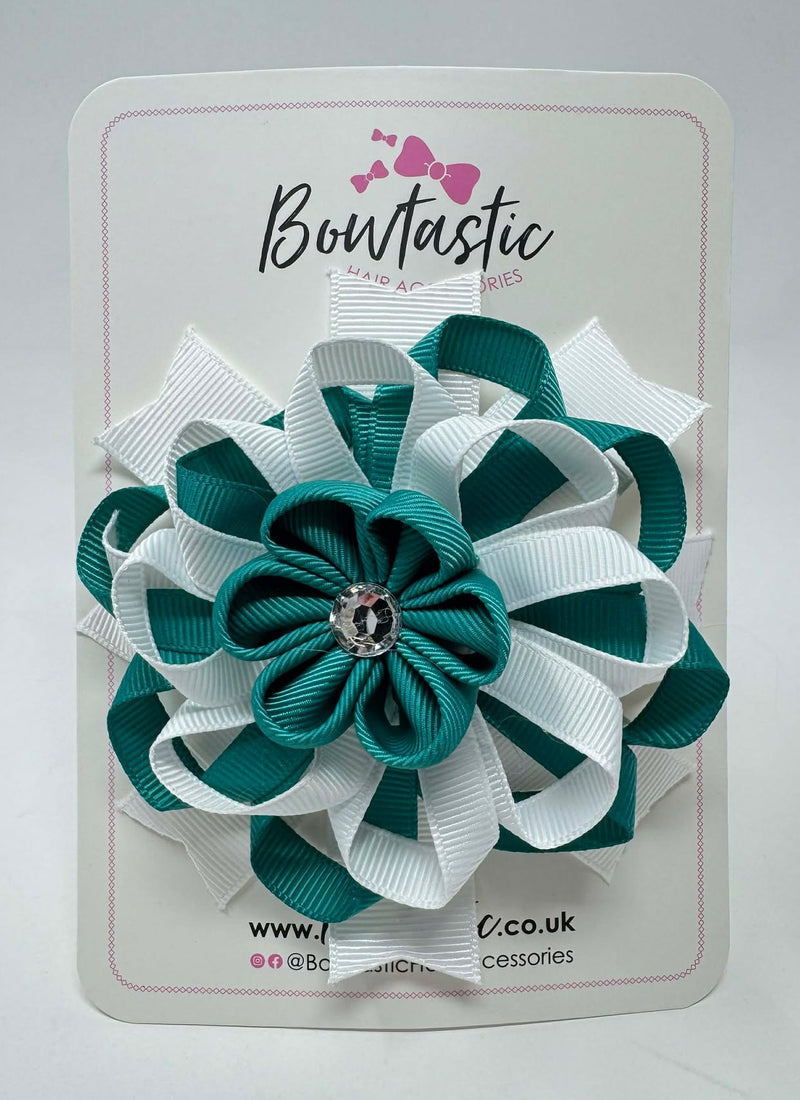 4 Inch Flower Bow - White & Jade Green