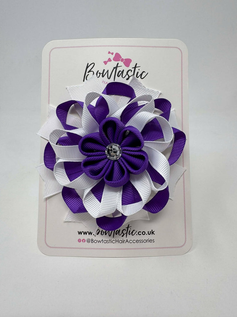 4 Inch Flower Bow - Purple & White