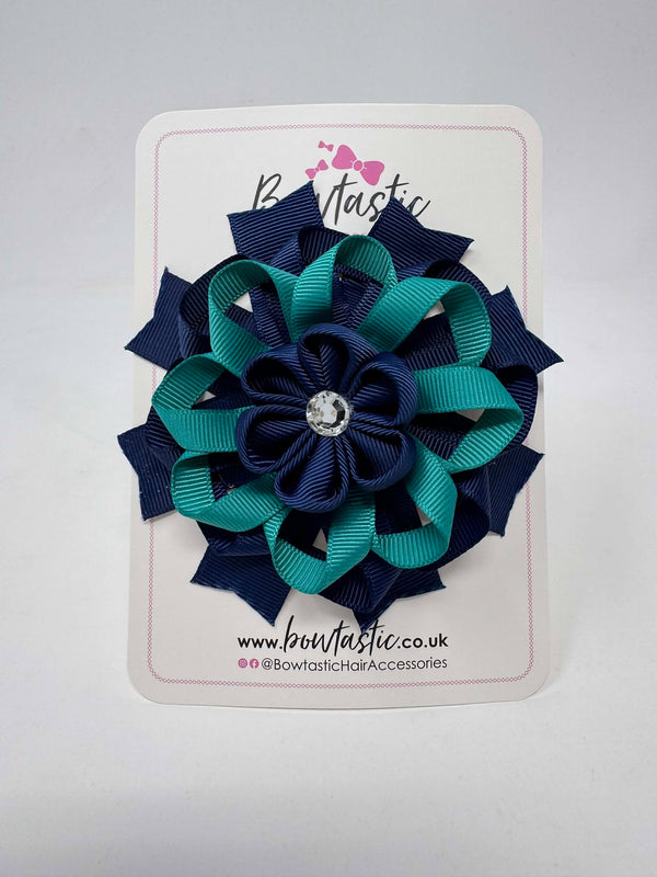 4 Inch Flower Bow - Navy & Jade Green