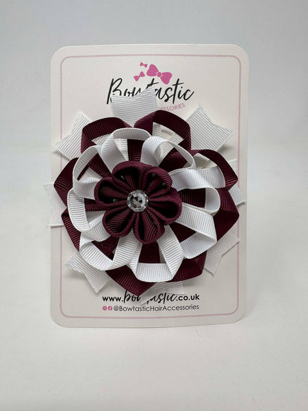 4 Inch Flower Bow - Burgundy & White