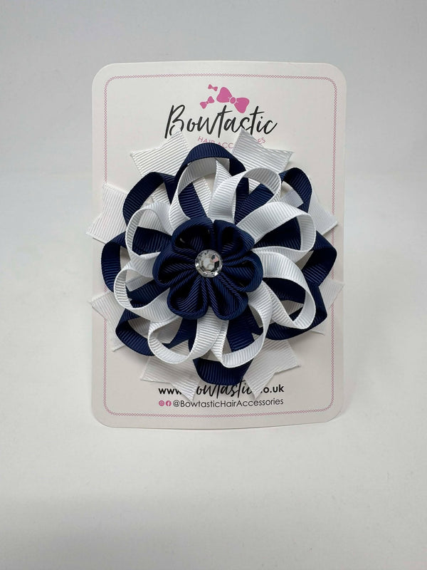 4 Inch Flower Bow - Navy & White
