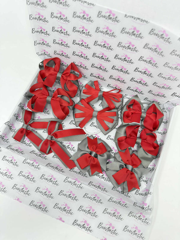 School Bundle - 10 Items - Matching Pairs - Red & Metal Grey - Clips & Bobbles