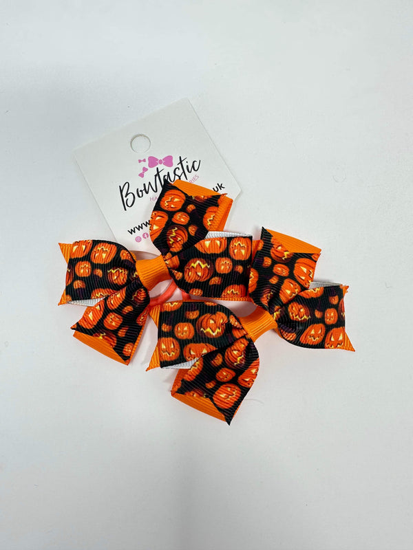 Halloween - 3 Inch Pattern Bow Thin Elastic - Orange Pumpkin - 2 Pack