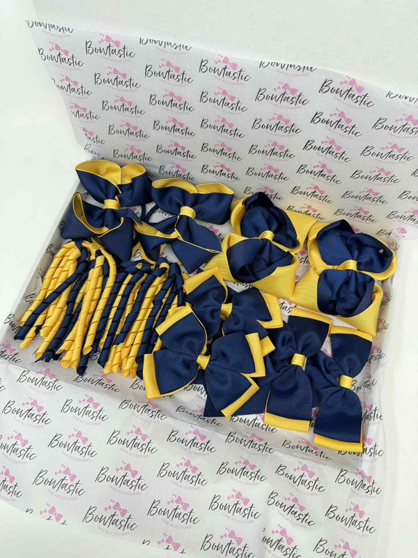 School Bundle - 5 Matching Pairs - Clips & Bobbles - Navy & Yellow Gold