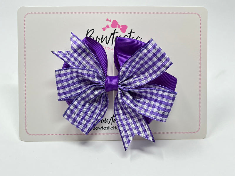 3.5 Inch Flat Double Bow - Purple & Purple Gingham