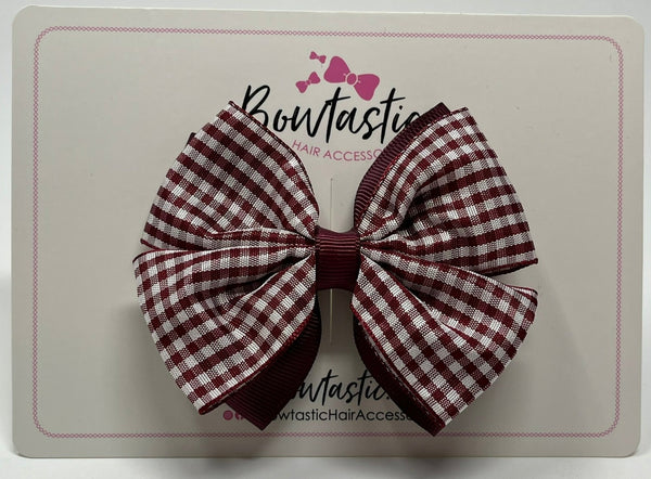 3.5 Inch 2 Layer Butterfly Bow - Burgundy & Burgundy Gingham