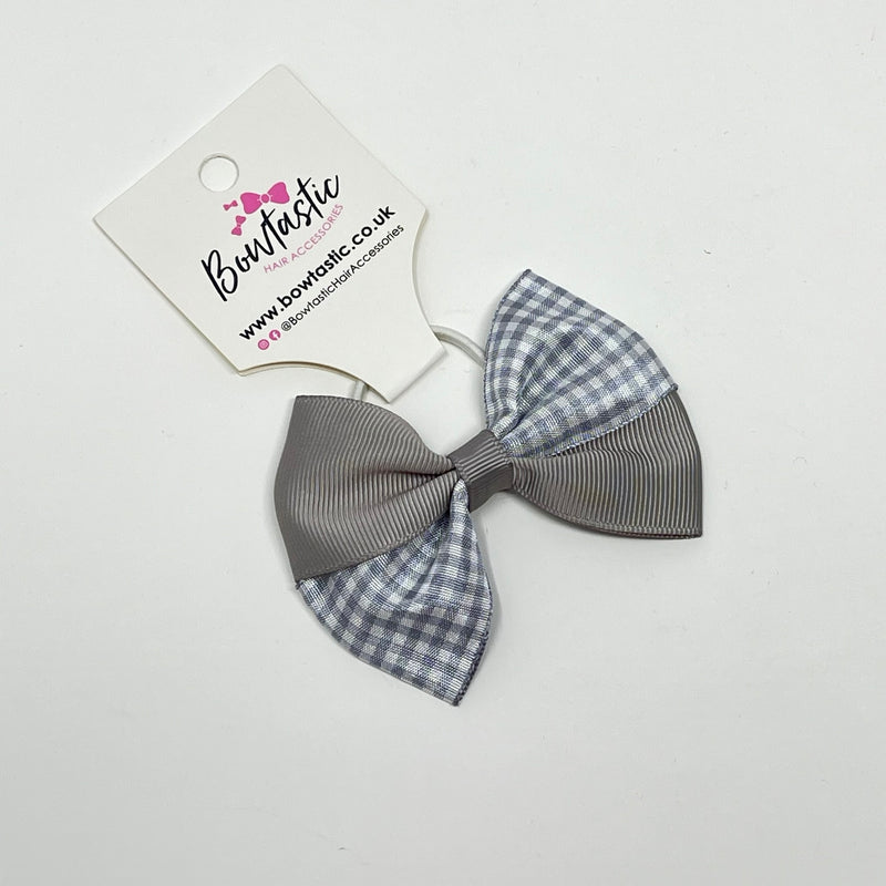 3 Inch Twist Bow Thin Elastic - Grey Gingham