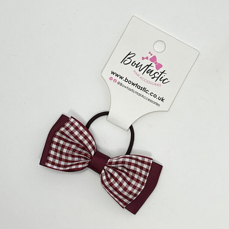 3 Inch Flat Double Bow Thin Elastic - Burgundy & Burgundy Gingham