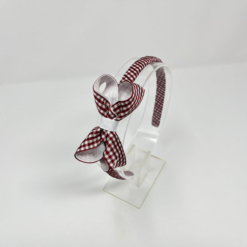 3 Inch Bow Alice Band - Burgundy & White Gingham