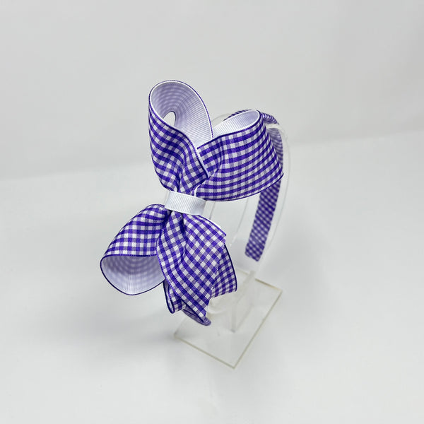 4 Inch Bow Alice Band - Purple & White Gingham