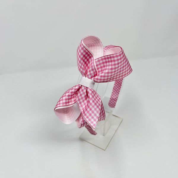 4 Inch Bow Alice Band - Pink & White Gingham