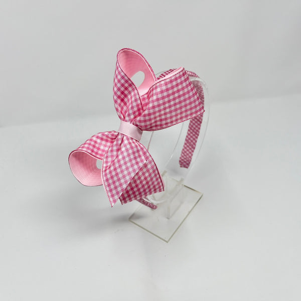4 Inch Bow Alice Band - Pink & Pink Gingham