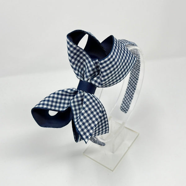 4 Inch Bow Alice Band - Navy & Navy Gingham
