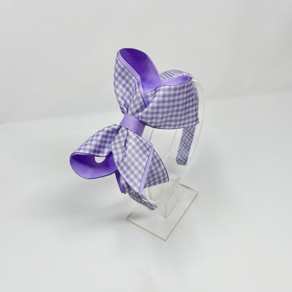 4 Inch Bow Alice Band - Lilac & Lilac Gingham