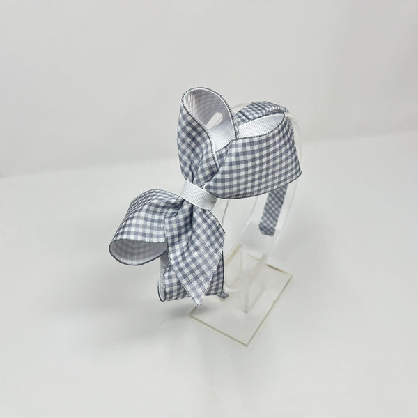 4 Inch Bow Alice Band - Grey Gingham