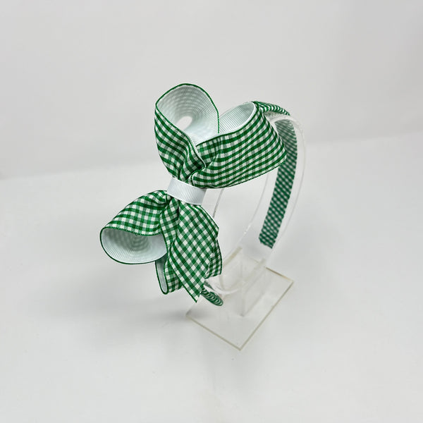 4 Inch Bow Alice Band - Green & White Gingham