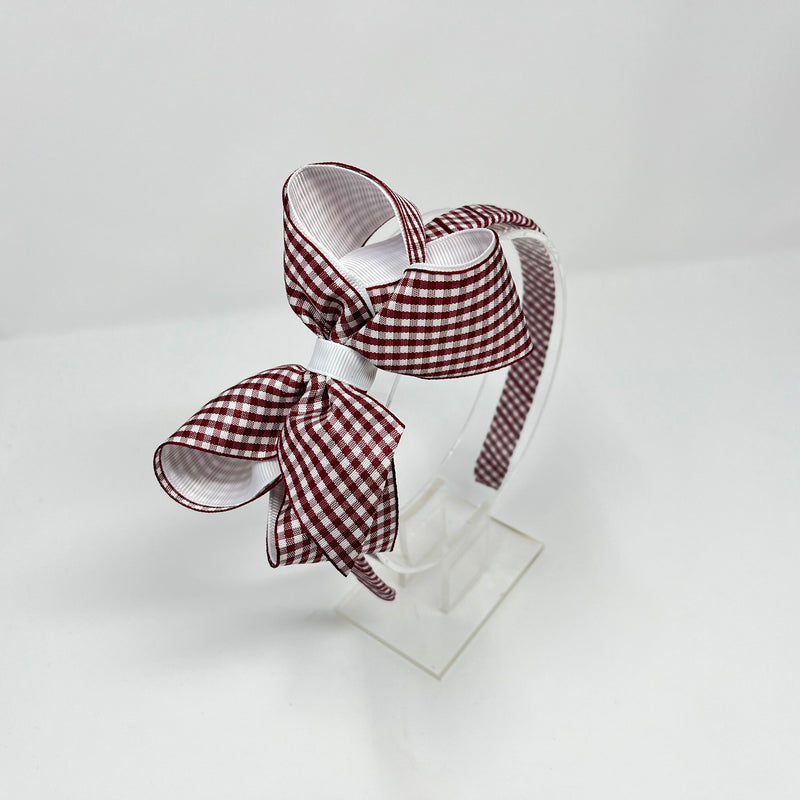 4 Inch Bow Alice Band - Burgundy & White Gingham