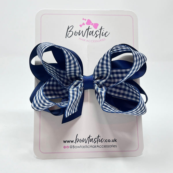 4 Inch 2 Layer Bow - Navy & Navy Gingham