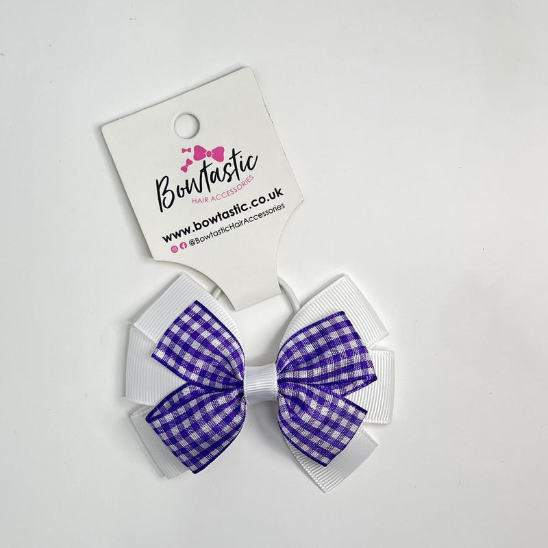 3.25 Inch Flat Bow Thin Elastic - Purple & White Gingham