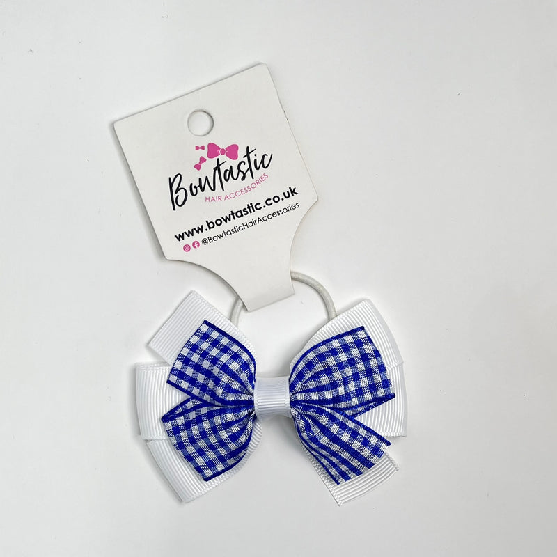 3.25 Inch Flat Bow Thin Elastic - Royal Blue & White Gingham